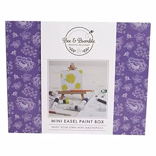 Bee & Bumble DIY Mini Easel Paint Box Craft Kit with 3 Canvases, Easels, 5ml Acrylic Paints, Brushes, A5 Acrylic Pad, Tote, Eraser, Sharpener and Pencil – 1