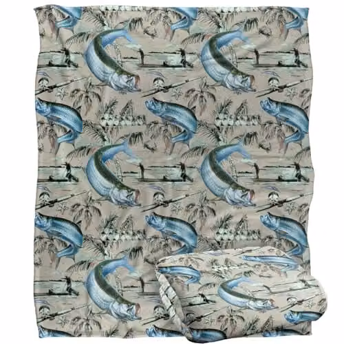 JQ Licensing Tarpon Tiki Fishing Pattern 2 Silky Touch Super Soft Fleece Throw Blanket, White, W/D/H: 152 x 127 cm