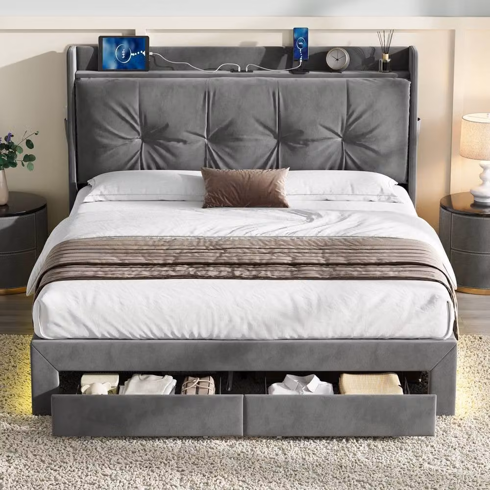 Rolipo Grey Velvet Double Ottoman Bed Frame with LED Lighting, Drawers and USB Ports, W/D/H: 140 x 200 cm – 3