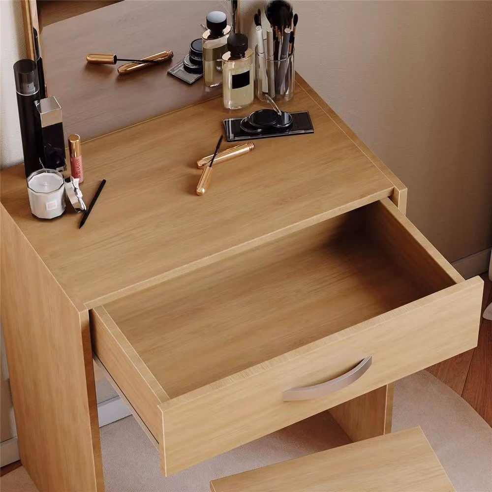 FORGEVIO Modern Dressing Table with Mirror and Stool Set in Brown Wood – 4