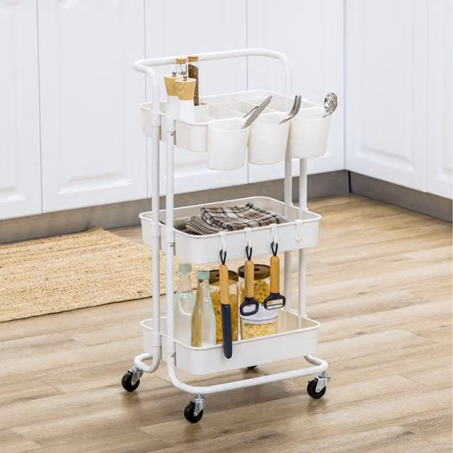 HOMCOM 3 Tier Metal Utility Serving Trolley with Removable Mesh Baskets in White