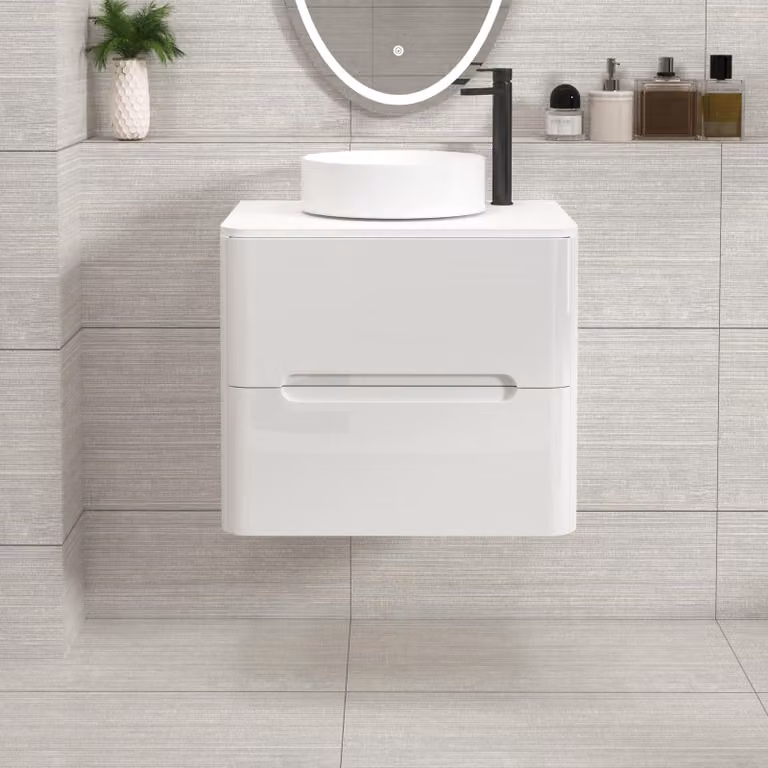 Royal Bathrooms Venice 600mm Gloss White Wall Hung Vanity Unit with 2 Drawers and Plain White Worktop