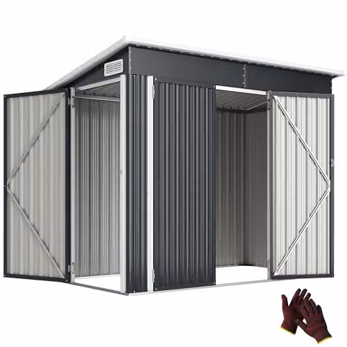 Outsunny Grey Galvanised Steel Pent Garden Storage Shed with Double Doors and Side Vents W/D/H: 234 x 132 x 185 cm