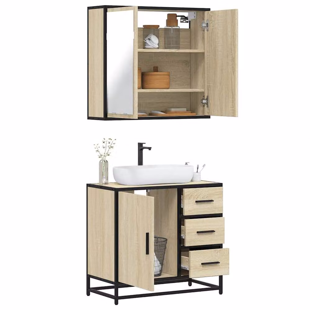 Berkfield Home 2 Piece Industrial Bathroom Furniture Set in Sonoma Oak and Beige, including Mirror Cabinet and Vanity Unit – 2