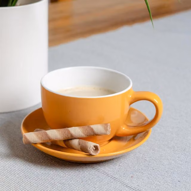 Argon Tableware Yellow Stoneware Cappuccino Cup and Saucer Set, 250ml
