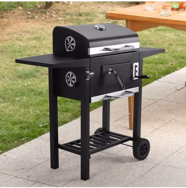 Living and Home Black Steel Charcoal Grill with Side Tables and Thermometer, W/D/H: 109.0 x 96.5 x 33.0 cm