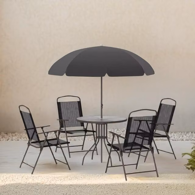 FURNOS Modern Black Patio Bistro Set with Round Glass Table and 6 Chairs