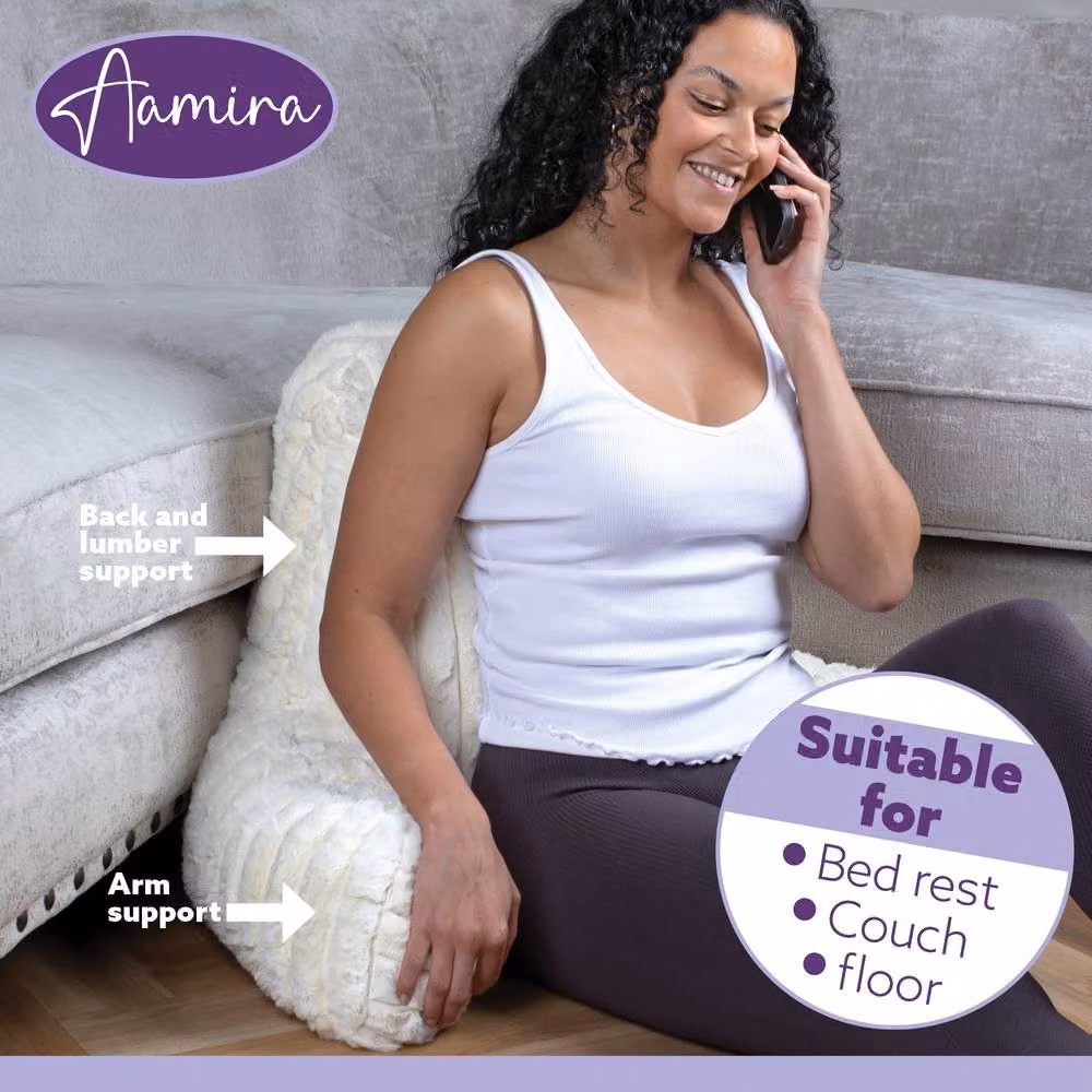 Aamira Beige Faux Fur Ribbed Memory Foam Wedge Reading Pillow Support Cushion – 6