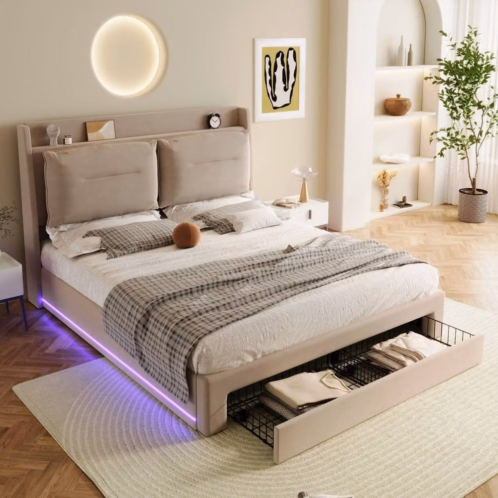 ModernLuxe Double Upholstered Ottoman Bed with LED Under-Bed Lighting and Storage Drawers in Beige – 2