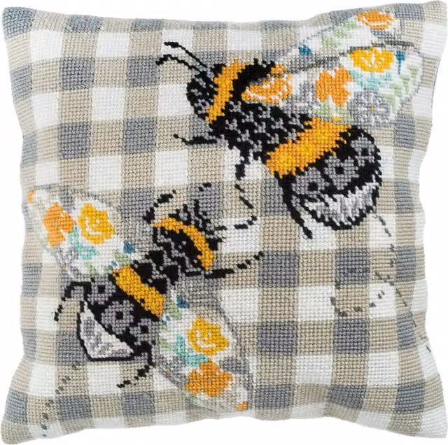 Trimits Gingham Bees Half Stitch Cushion Kit in White and Multicolour Cotton, W/D/H: 40 x 40 x 40 cm