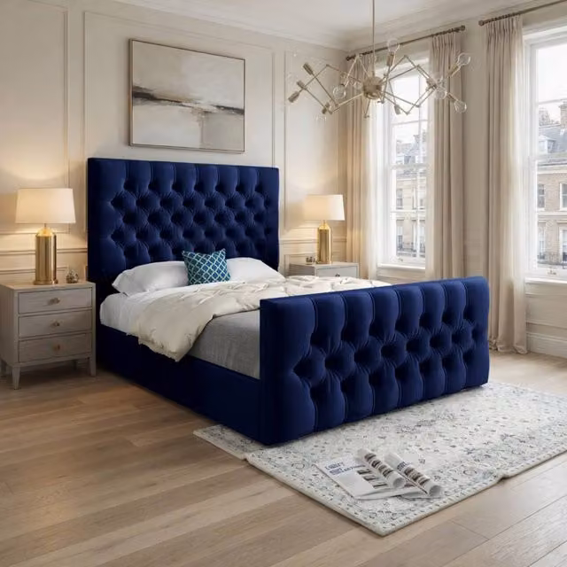 KDMD Workington Small Single Upholstered Velvet Designer Bed Frame in Blue