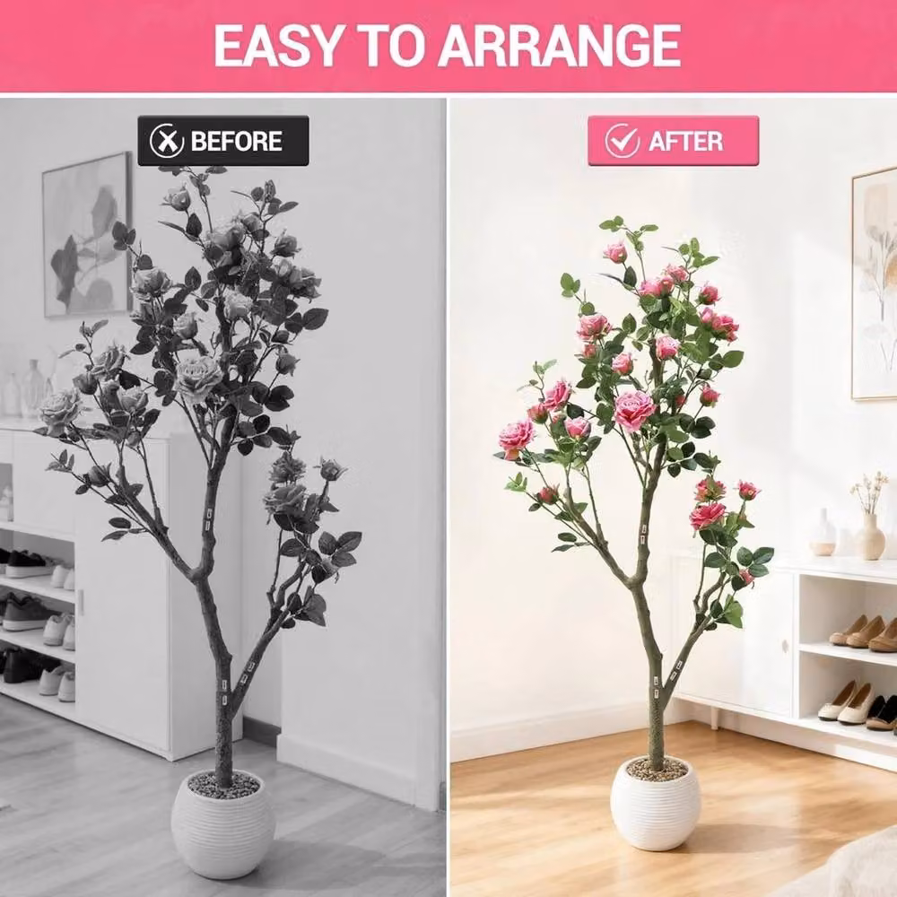 VOGREX 15cm Artificial Rose Tree with White Striped Pink and Multicolour Faux Blooming Flowers – 5