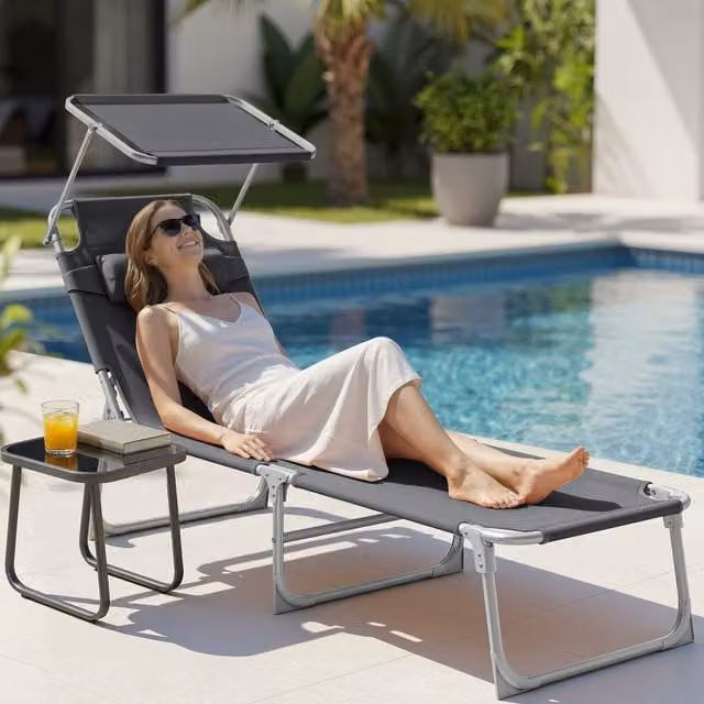 SONGMICS Adjustable Sun Lounger with Sunshade in Grey