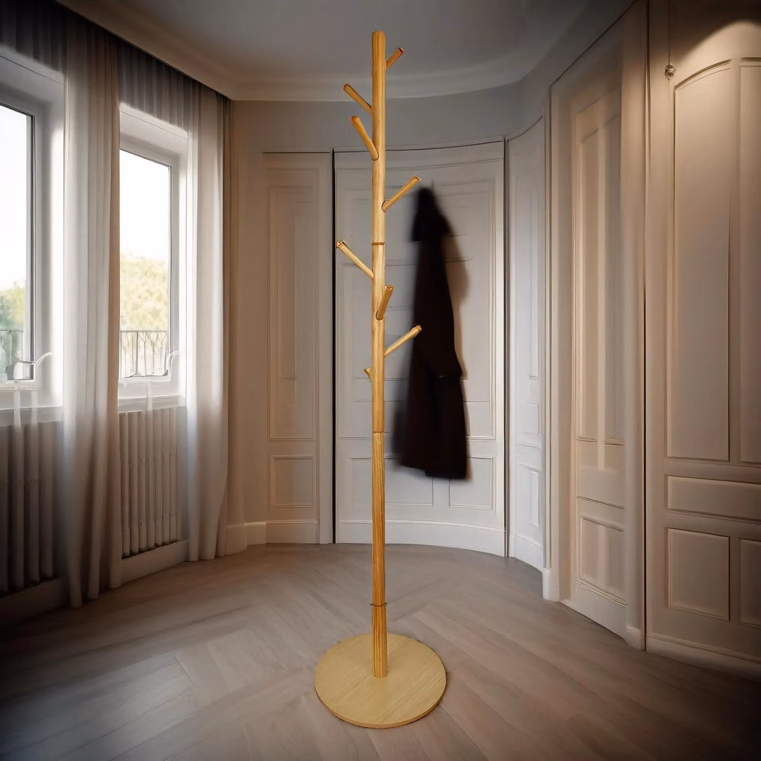Pirlo Plush Wooden Coat Stand with 8 Hooks and Round Base in Brown – 2