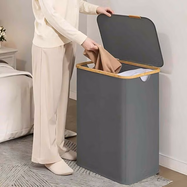 The Bazaarist Collapsible 2 Compartment Fabric Laundry Hamper with Lid, Grey