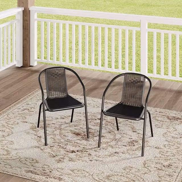 Komore Set of 2 Black Rattan and Metal Stacking Garden Chairs with Rustic Finish