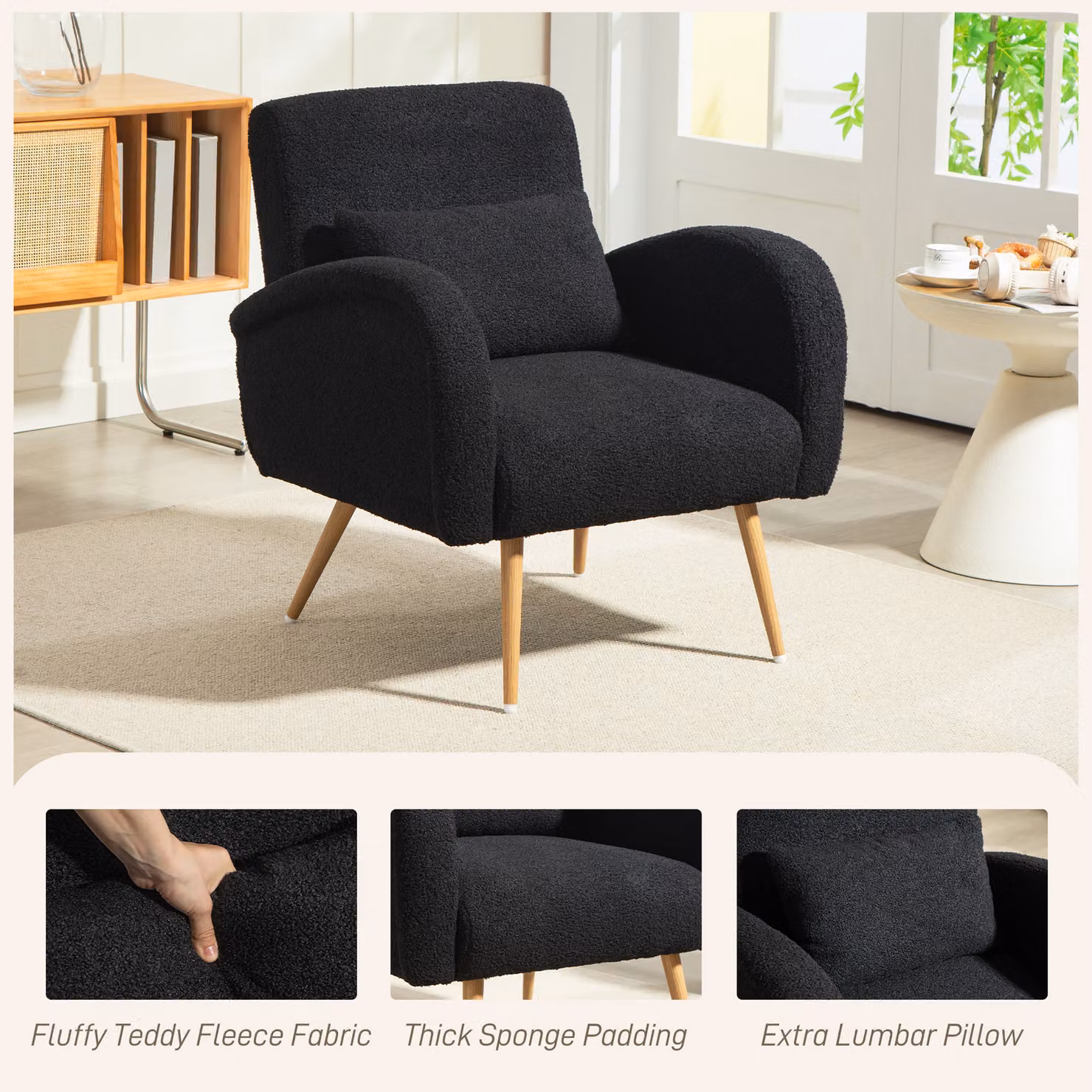 HOMCOM Black Teddy Fleece and Bouclé Accent Chair with Armrests – 4