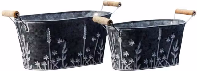 Four Candle Set of 2 Embossed Floral Oval Grey Galvanised Steel Planters
