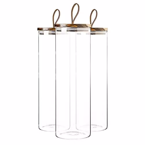 Argon Tableware Scandi Airtight Glass Storage Jars with Brown Leather Loop Lids, 2 Litre, 3 Pack, Transparent