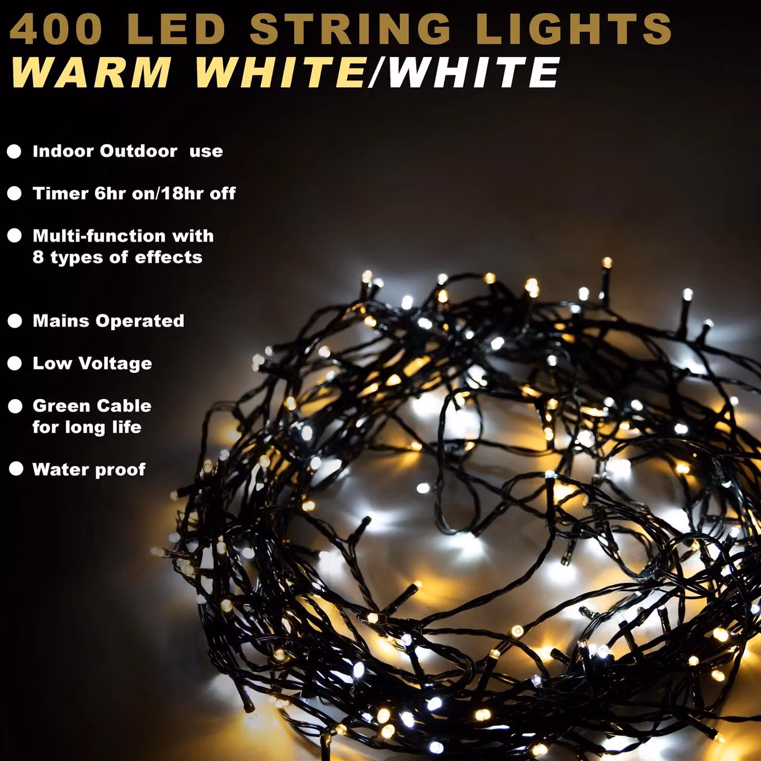 Shatchi 400 LED Christmas Tree Fairy String Lights, Warm White, 40m, with Timer and 8 Light Modes, Waterproof Indoor/Outdoor Decoration – 7