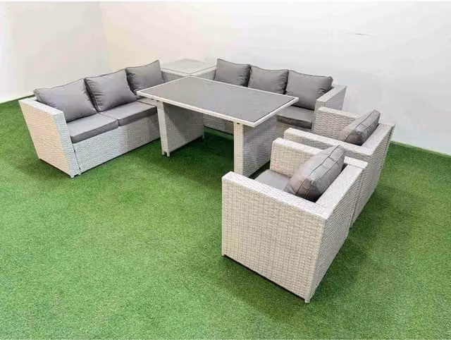 Fimous 8-Seater PE Rattan Outdoor Dining Set with Cushions in Light Grey
