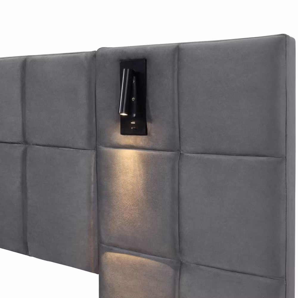 Rolipo Grey Velvet Double Bed with Hydraulic Storage, USB Charging Port and Integrated Reading Light – 7