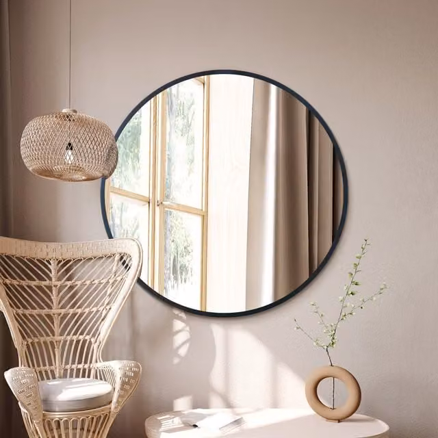 MirrorOutlet The Fenestra Modern Circular Wall Mirror with Black Metal Edge, Diameter: 109.22 cm, Black