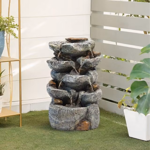 Lifeideas Grey Organic Stone Cascade Outdoor Electric Rockery Fountain