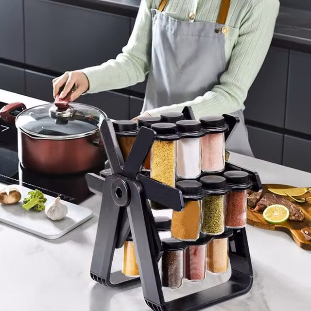 Livingandhome Rotating Ferris Wheel Spice Rack with 18 Glass Jars, Black