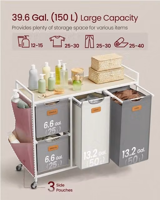 VASAGLE Laundry Sorter Cart with 4 Compartments and Removable Liners, Grey
