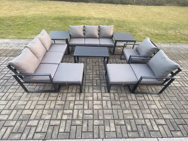 Fimous Aluminium Outdoor Garden Furniture Set in Dark Grey with 3-Seater Sofa, Coffee Table, 2 Chairs, 2 Side Tables and 2 Ottomans