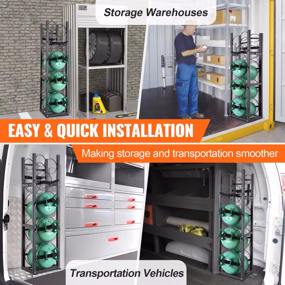 VEVOR Black Steel Freestanding Refrigerant Tank Rack with 3 x 30lbs Capacity – 6