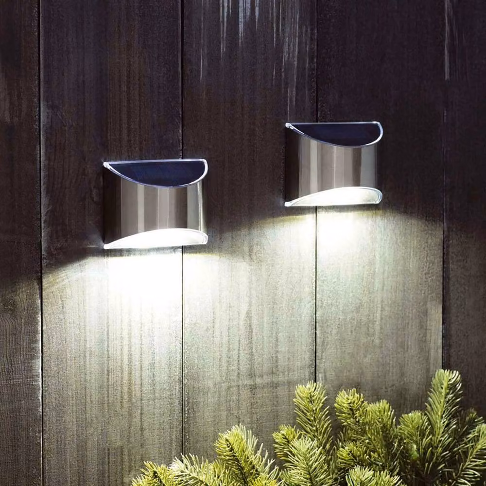NESTLUNE Set of 4 Solar Powered LED Outdoor Wall Lights in Silver Stainless Steel – 4