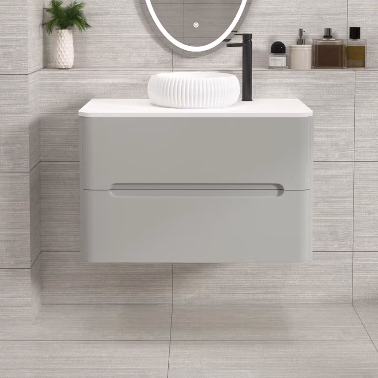 Royal Bathrooms Venice Wall Hung Vanity Unit in Dove Grey with 2 Drawers, Plain White Worktop and Milan Basin