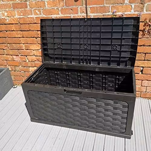 Samuel Alexander 335 Litre Black Rattan Effect Garden Storage Box with Sit on Lid