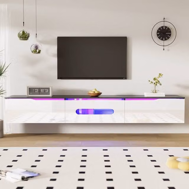 Rolipo Modern Black and White High Gloss Wall Mounted TV Cabinet with Integrated Lighting and Soft Close Drawers – 1