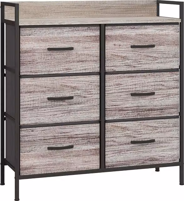 HOMCOM Rustic Grey Wood Effect Chest of Six Fabric Drawers – 1