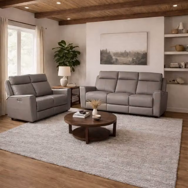 Aspire Rivington Real Leather Power Recliner 3+2 Sofa Set with USB Charging in Grey – 1