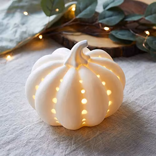 Lights4fun White Ceramic Pumpkin LED Light for Autumn and Halloween Decoration, H 17 cm x W 17 cm x D 14 cm – 2