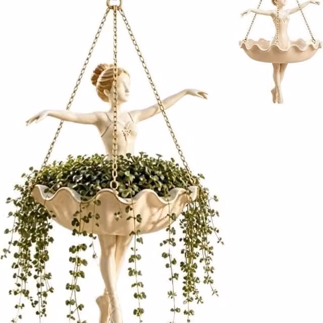 SPETLEK Graceful Ballerina Hanging Planter in White and Beige, H 100 cm x W 15 cm