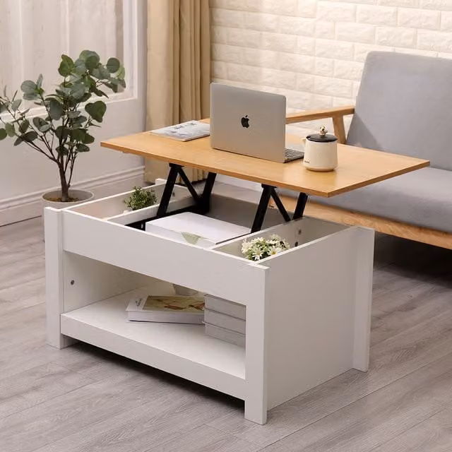 HMD White and Grey Modern Living Room Coffee Table with Lift Up Top and Storage Shelf