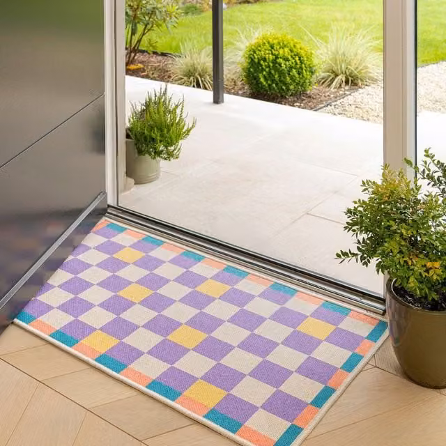 Kukoon Modern Checked Non Slip and Washable Front Doormat in Purple Multicolour