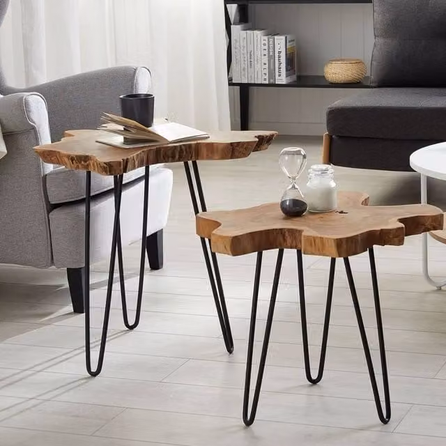 Wyld and Coco Nest of 2 Rustic Teak Tables with Black Hairpin Legs in Brown and Dark Teak – 1