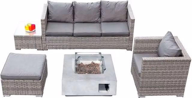 Oseasons Acorn Rattan 5 Seat Lounge Sofa Set with GRC Firepit in Dove Grey