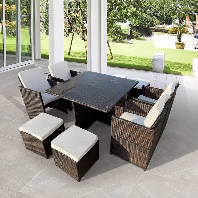 Furniture One 8 Seater Modern Rattan Dining Table and Chair Set in Brown