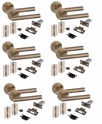 Golden Grace Gold Brass Straight T-Bar Door Handle Set with Latch, Hinges and Rosette, 6 Sets, 45mm