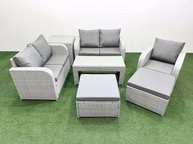 Fimous Grey Poly Rattan Garden Furniture Set with Reclining Chair, 2-Seater Sofa, Oblong Coffee Table and 2 Ottomans