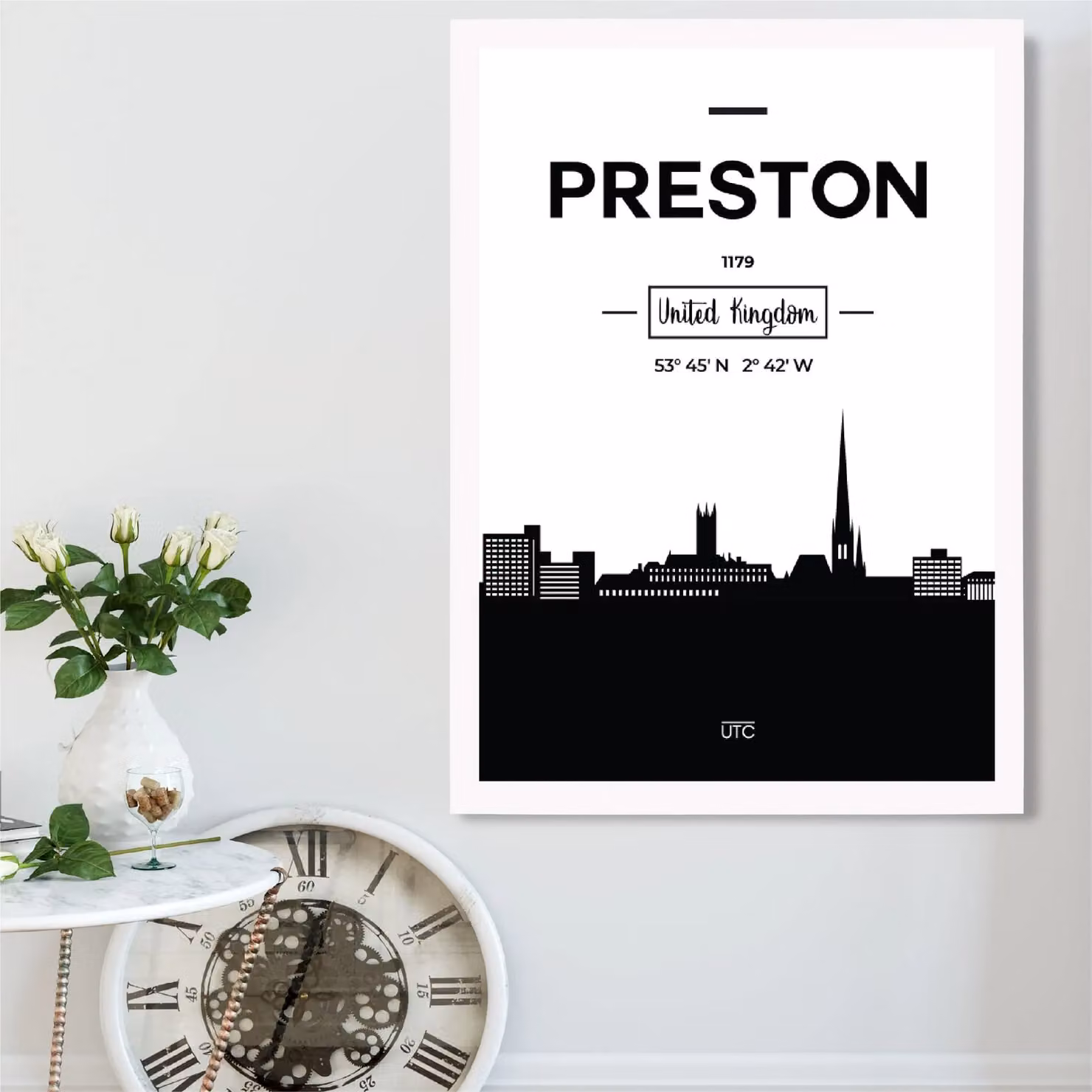 ARTZE Preston Black and White City Skyline Framed Paper Poster with White Frame, A3 – 2