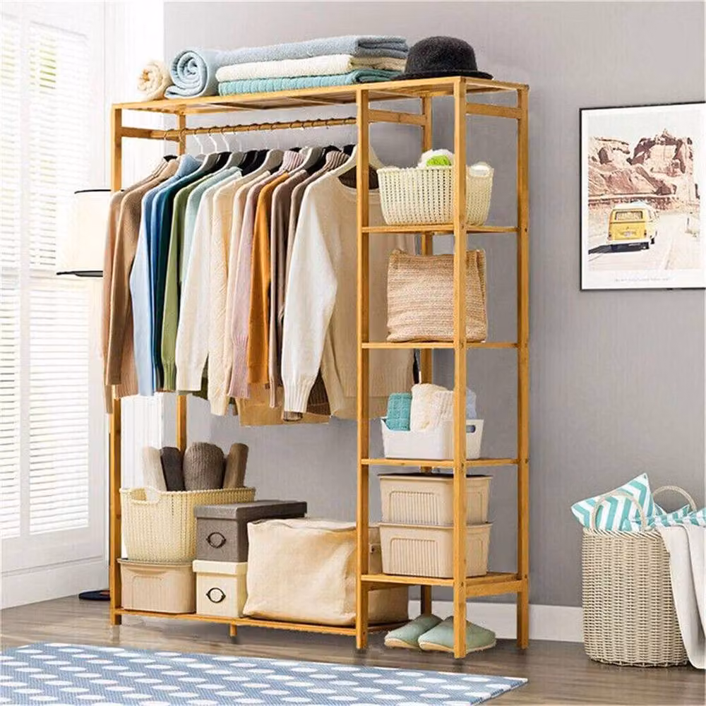 KORVIXA 2-in-1 Bamboo Clothes Rail in Natural Brown – 4