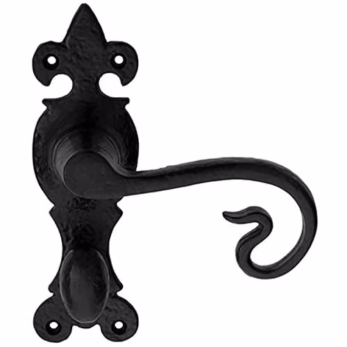 Loops Pair Forged Curled Lever Bathroom Handles on Backplate, Black Antique, W: 16.7 cm, H: 5.1 cm